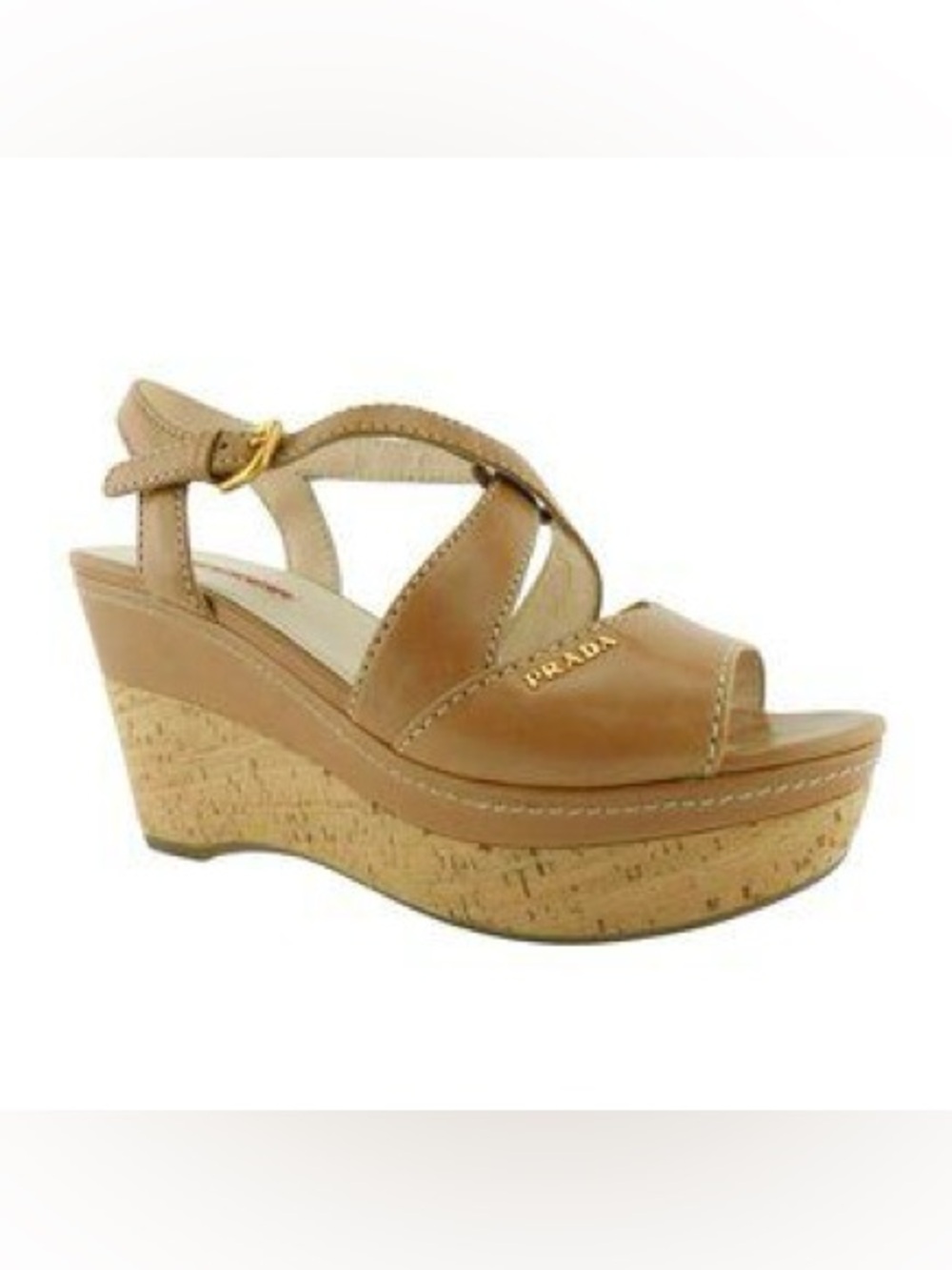 Prada Cognac Leather Cork Wedge Sandals